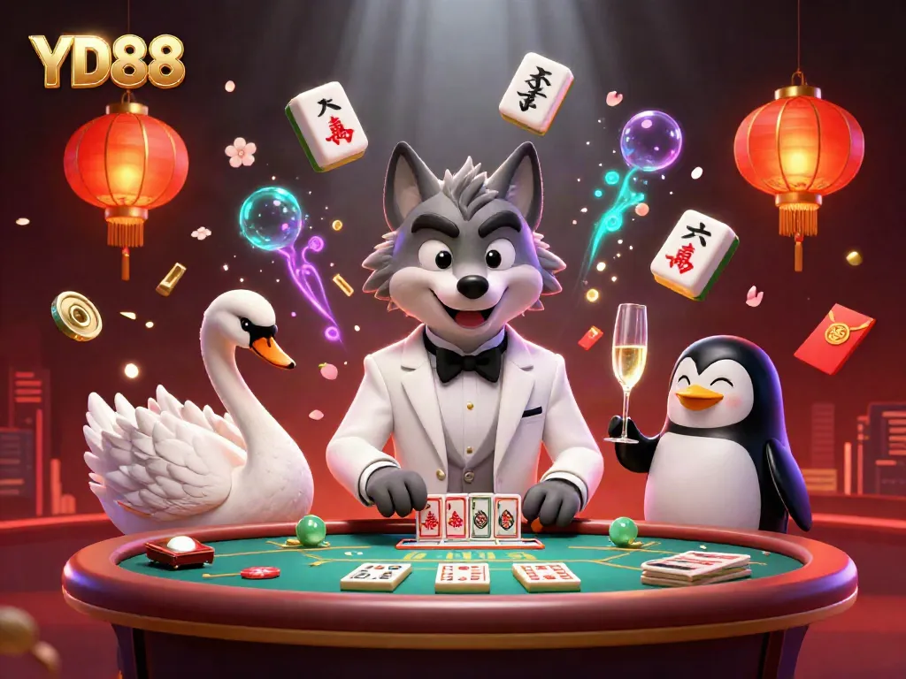 Experience the excitement of YD88 with a dynamic casino scene featuring a baccarat table and lavish characters.