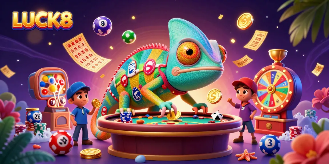 LUCK8 casino scene with colorful lottery elements and animated chameleon character starring in a vibrant atmosphere.