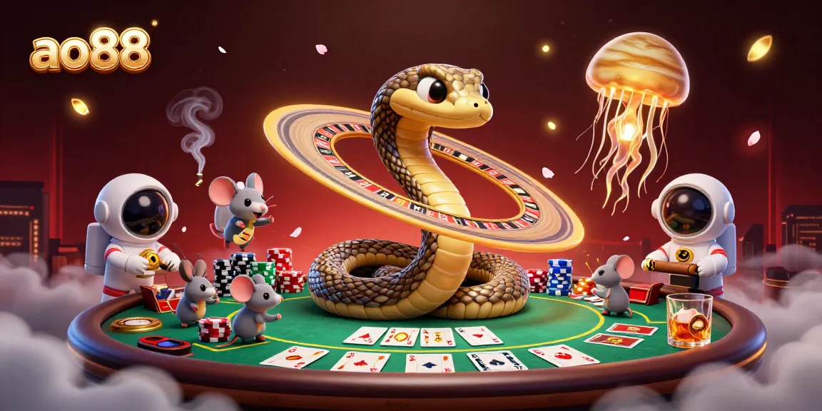 ao88 plays with excitement as mice place bets on a roulette planet, surrounded by colorful poker elements.