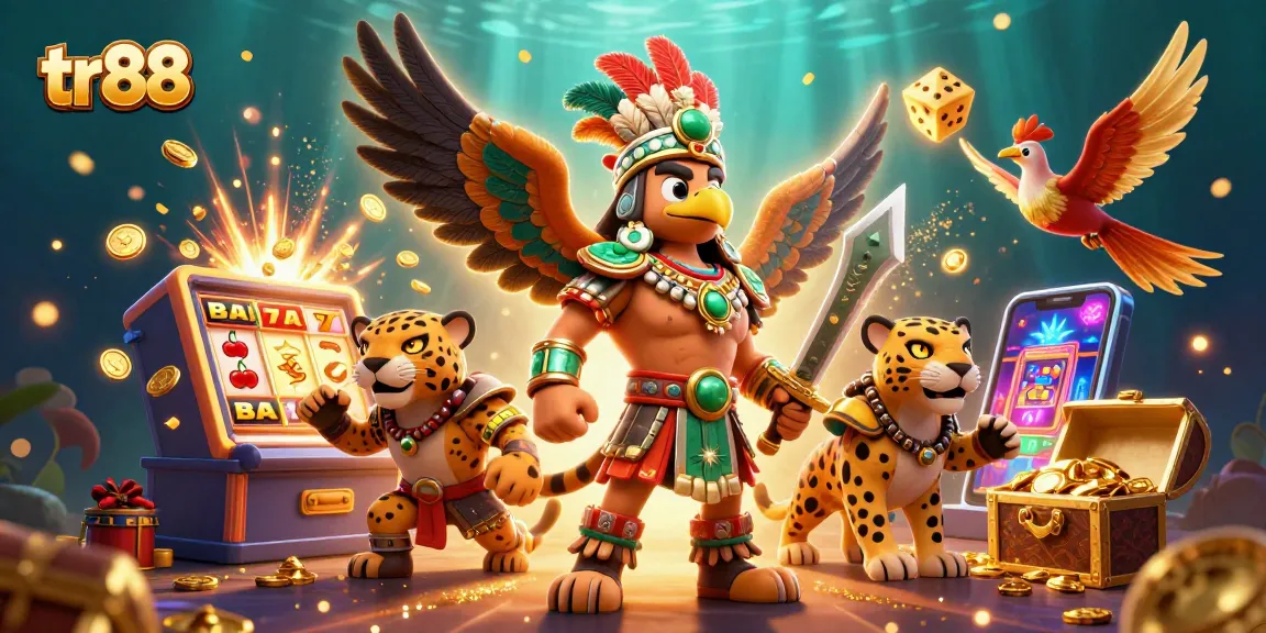 Experience thrilling jackpot moments at tr88 with an Aztec warrior eagle amidst vibrant casino elements.