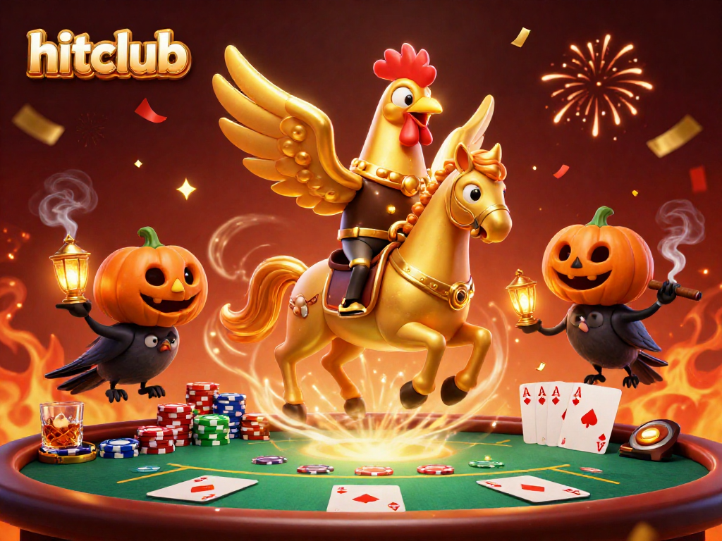 Experience the excitement at hitclub's casino with a golden rooster and friends in a vibrant, dynamic scene.