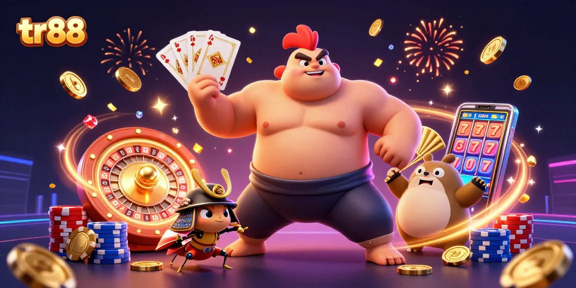 tr88 showcases an intense scene with sumo wrestler, samurai cricket, and tanuki in a vibrant casino atmosphere.