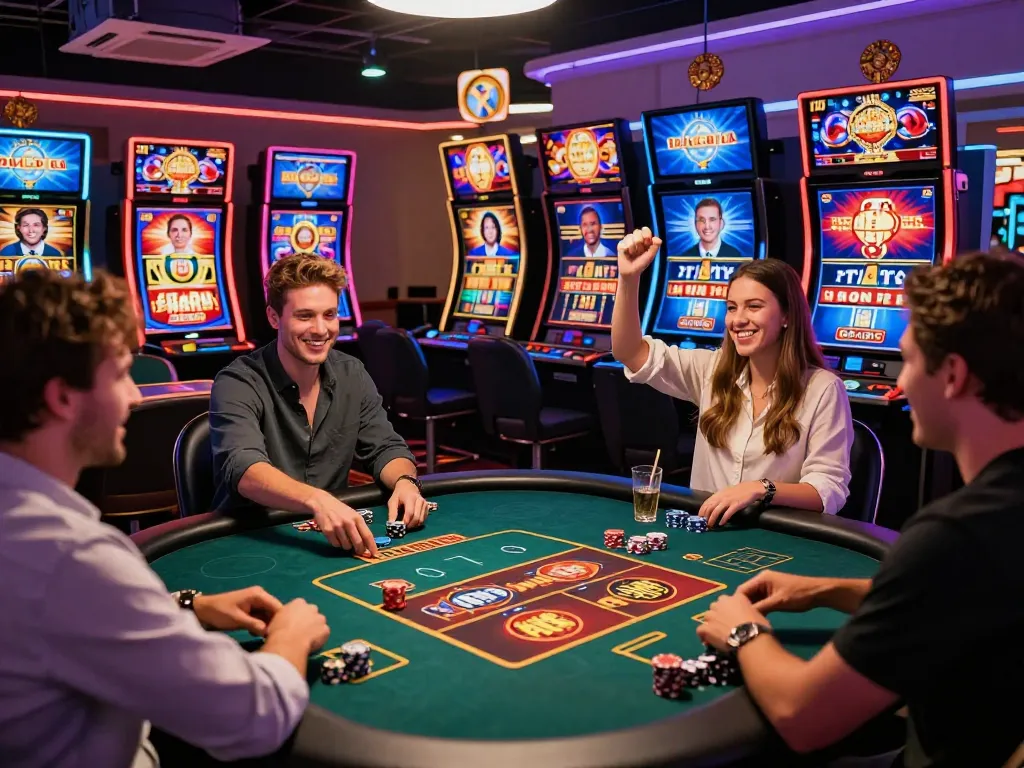 Exciting gem88 online casino scene with vibrant gaming table and enthusiastic players celebrating wins.