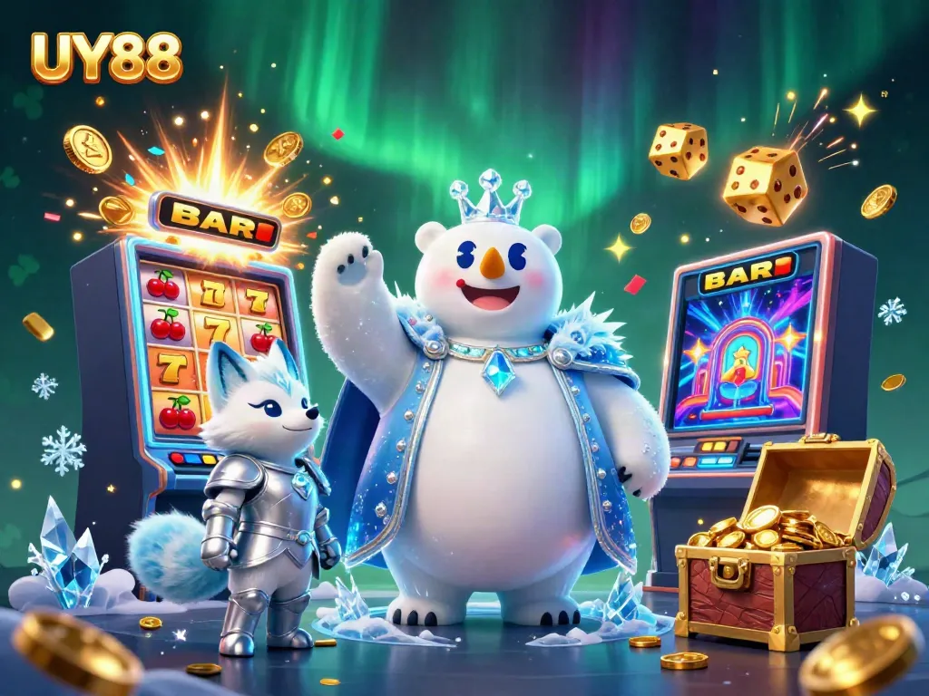 Spin to win at UY88 with a vibrant 3D illustration featuring icy characters and exciting casino elements!