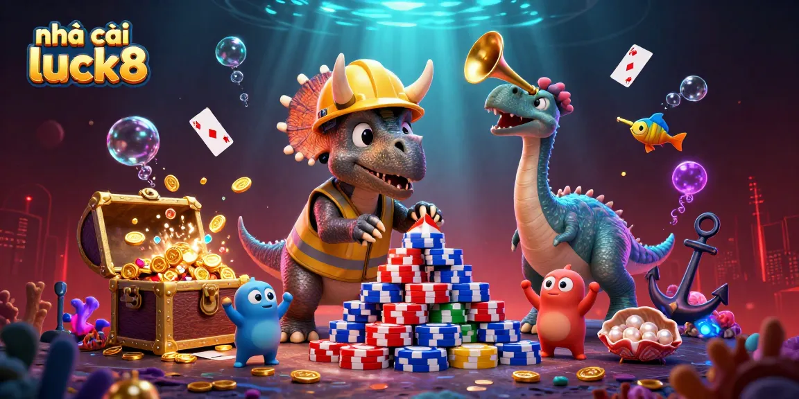Engage with nhà cái luck8 as a triceratops builds poker chip towers amid underwater treasures in vibrant 3D.
