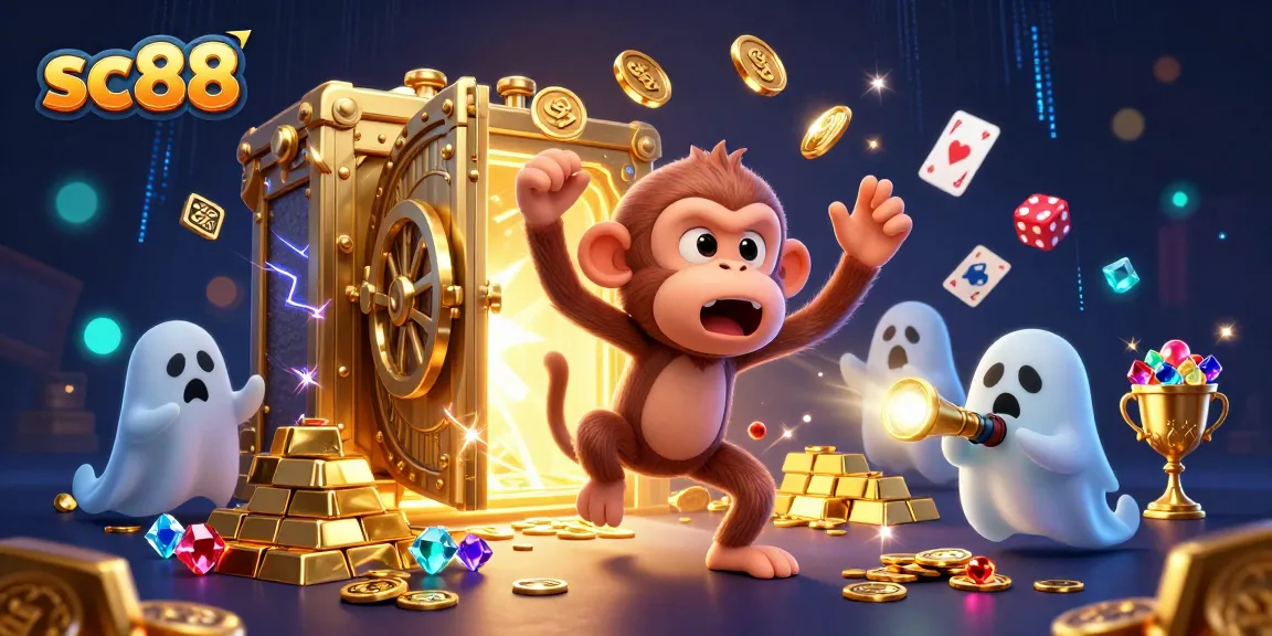 Sc88 showcases a mischievous poltergeist monkey juggling casino treasures in a haunted setting.