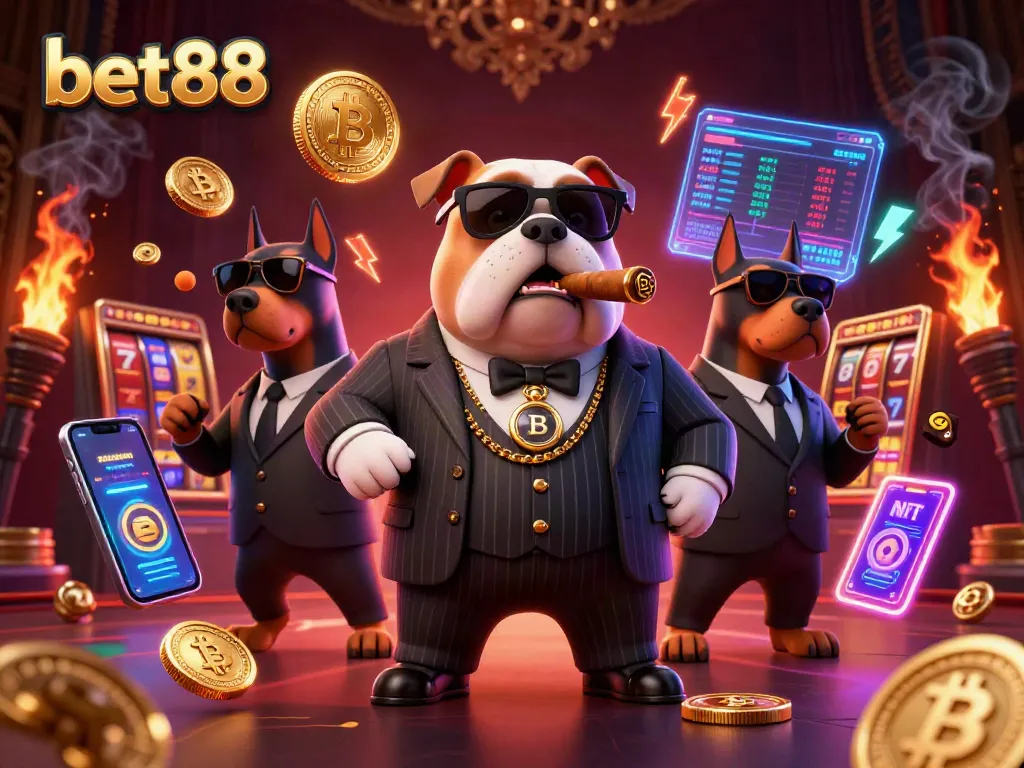 Join the excitement of bet88 with a vibrant illustration of a casino scene featuring a mafia bulldog and Doberman bodyguards.