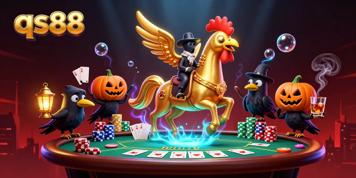 Experience qs88 excitement as a golden rooster navigates a vibrant casino landscape with poker elements.