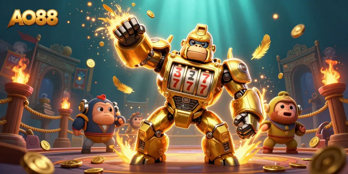 Engage with AO88's golden gorilla mech in a spectacular casino adventure.