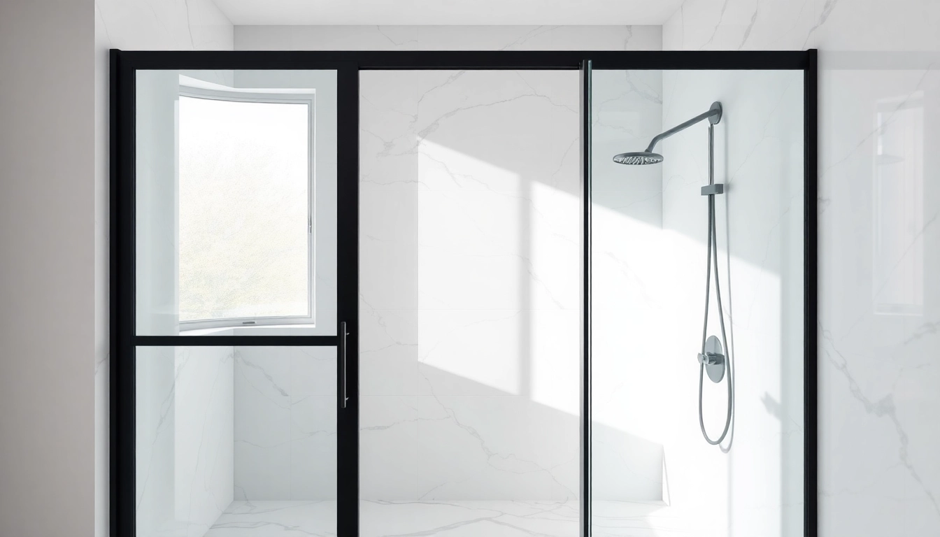 Showcasing black frame shower doors beautifully positioned in a modern bathroom.