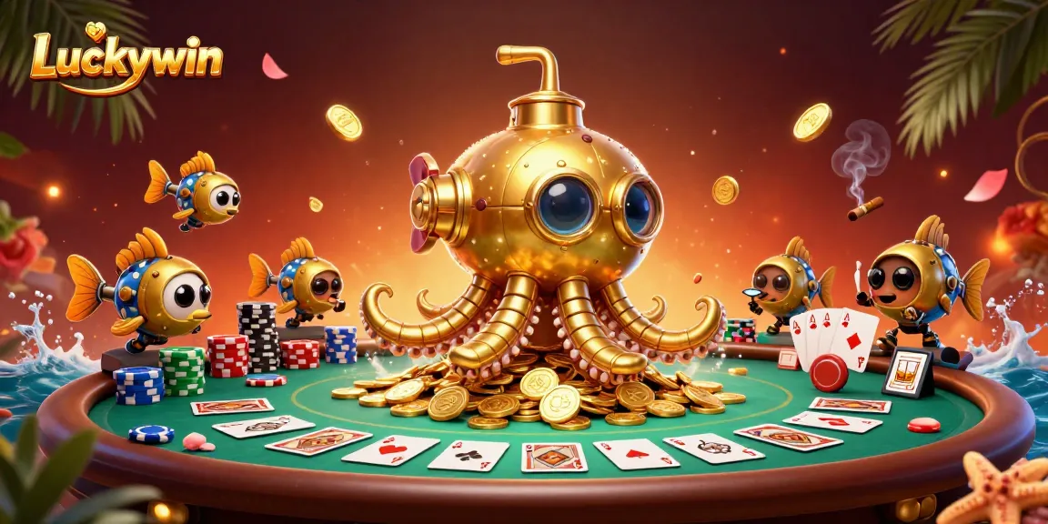 Experience thrilling gaming at Luckywin with a golden kraken submarine amidst poker elements.