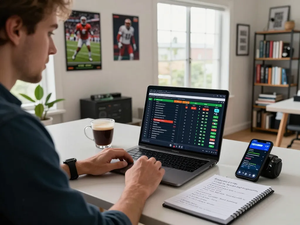 1gom user analyzing football stats and betting odds in modern office setting
