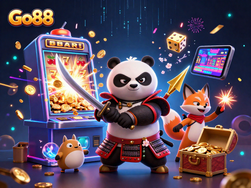 Engage with Go88's exciting jackpots, featuring vibrant characters in a dynamic casino scene.