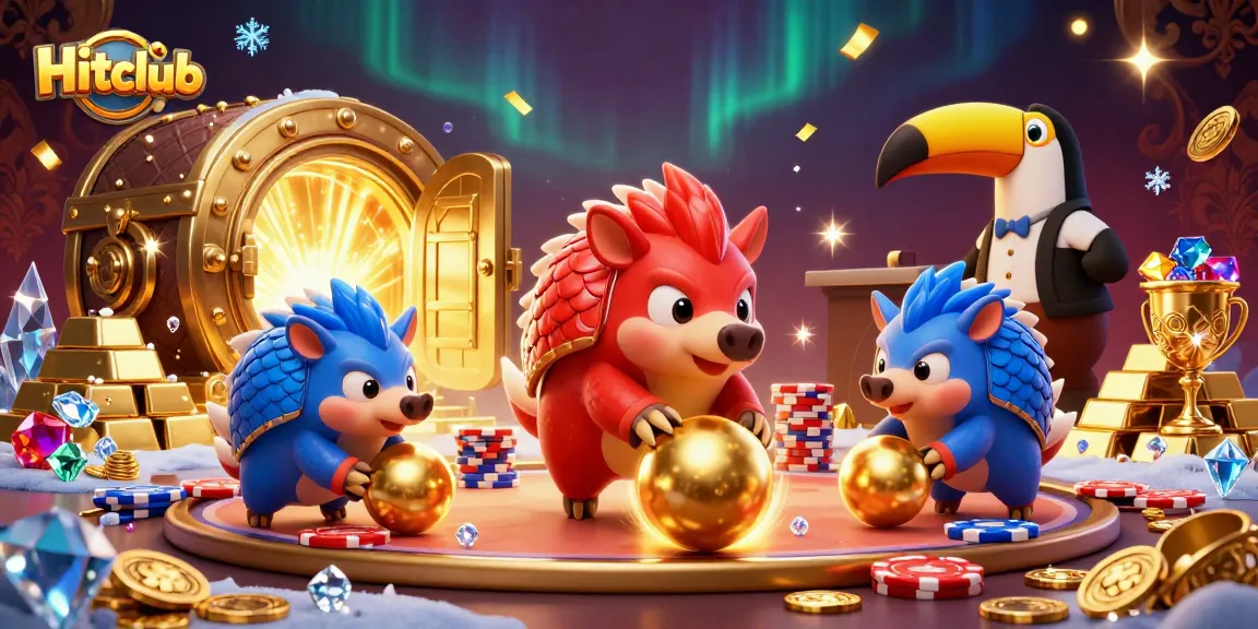 Hitclub pangolins competing in a golden treasure-filled casino game, showcasing vibrant gems and thrilling action.