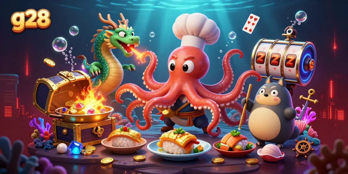 Experience g28's thrilling slot adventure with a dynamic scene of vibrant characters and underwater treasures.