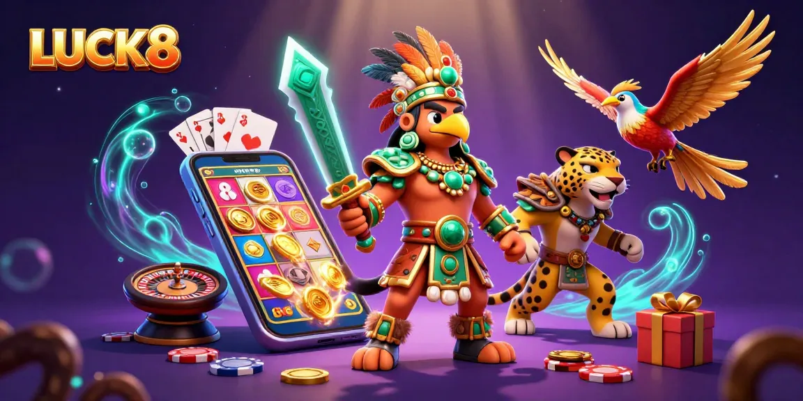 Experience excitement with LUCK8 as Aztec warriors compete amidst gold and spinning slots.