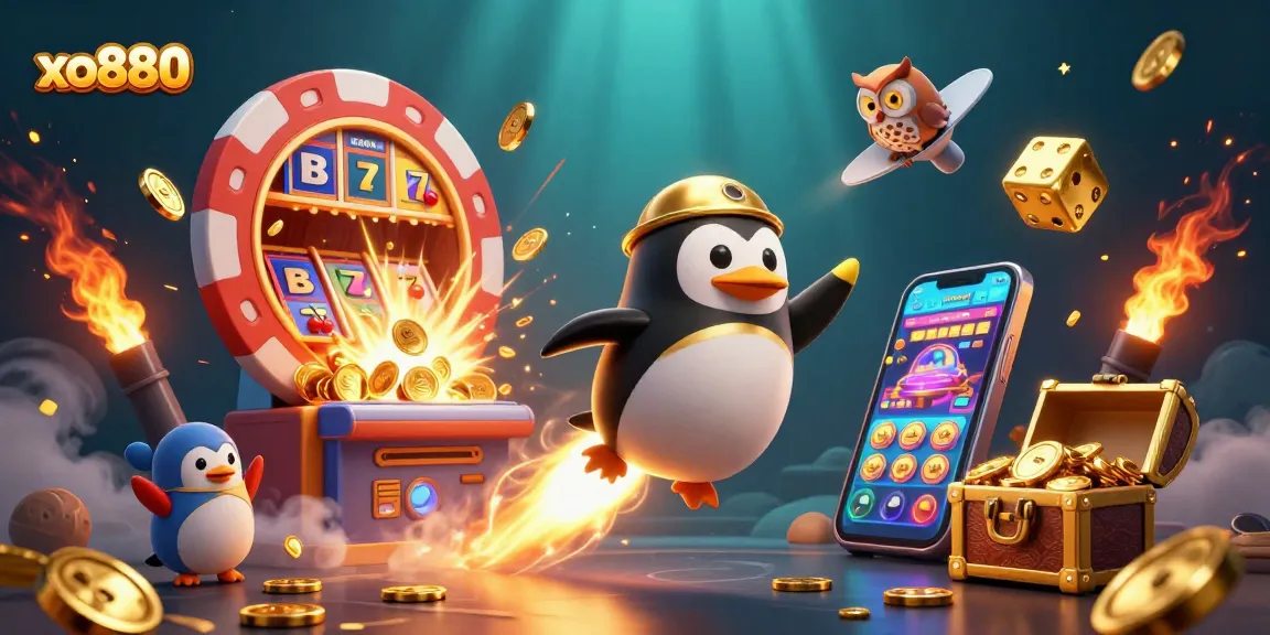 Experience the excitement of xo880 with a vibrant scene of a winning slot machine and a golden penguin on a thrilling adventure.