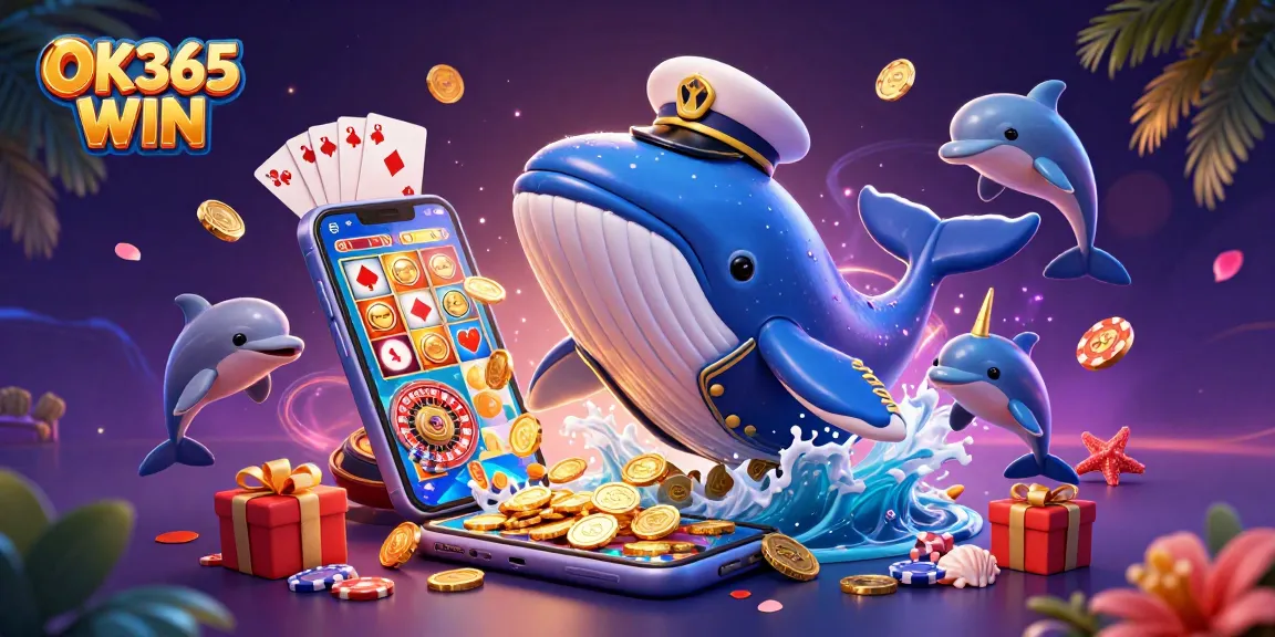 Experience thrilling wins at OK365 WIN with a dynamic scene featuring animated characters and vibrant casino elements.