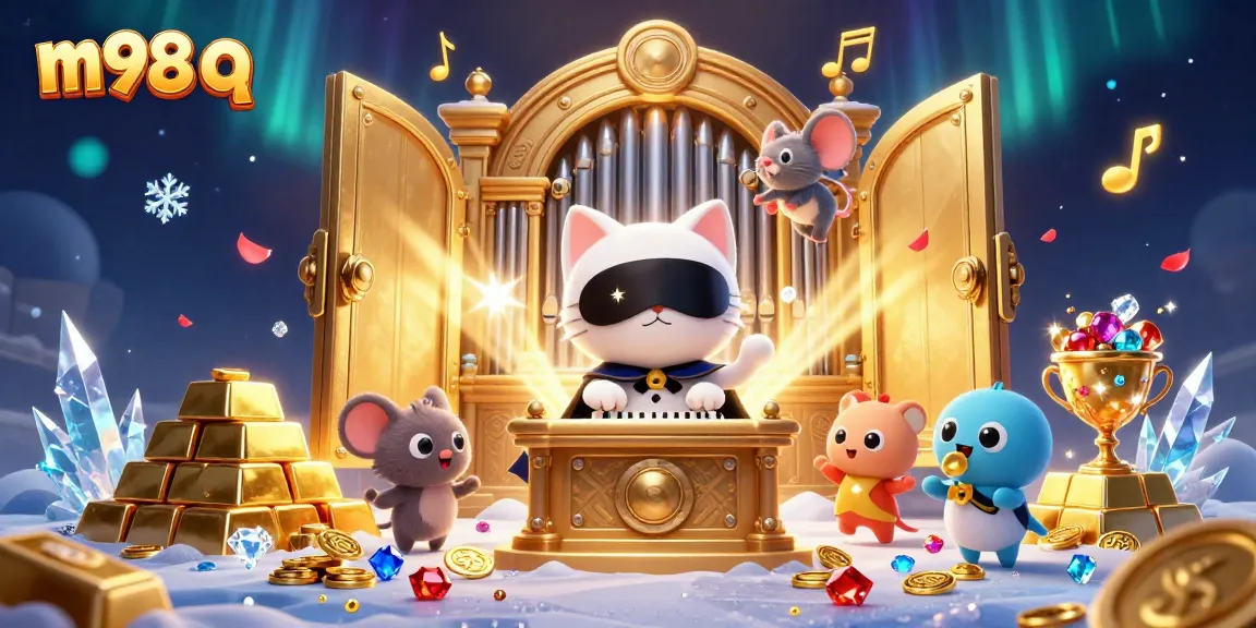 Spin to win with m98 q in a vibrant casino scene featuring treasures and lively characters.