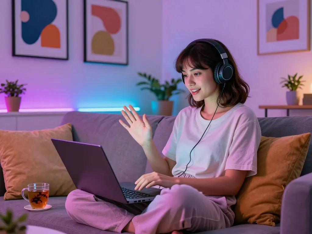 A woman enjoying nsfw chat ai on her laptop in a cozy home office, surrounded by vibrant decor and modern comforts.