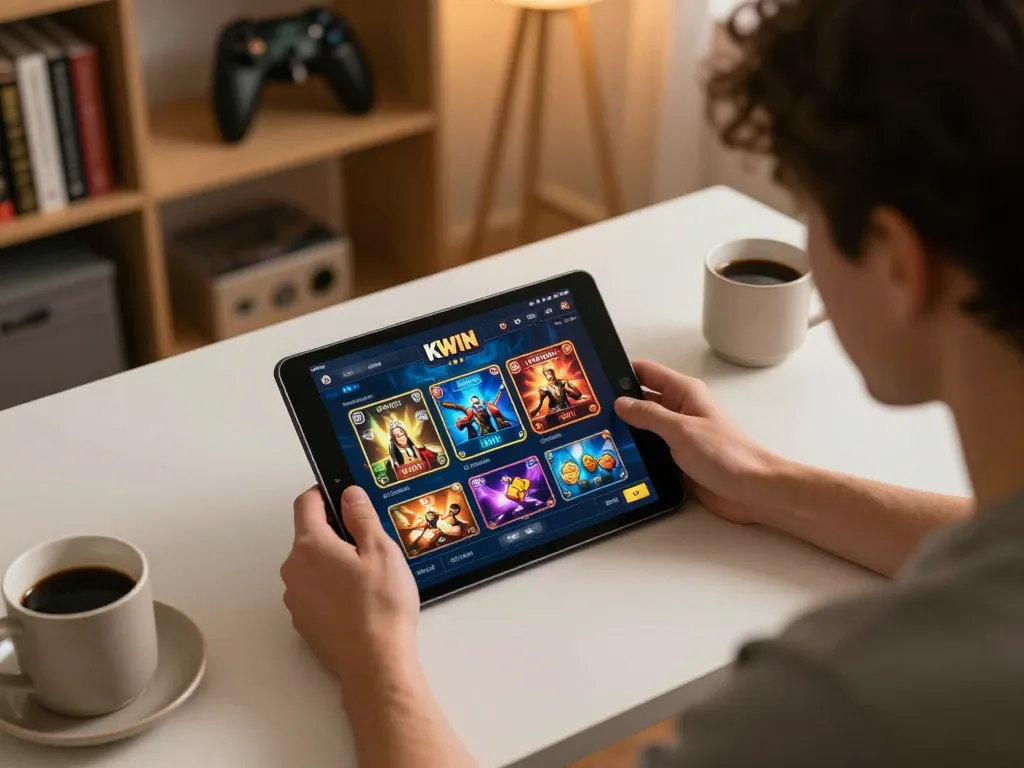 KWIN casino app gameplay on tablet during an online gaming session in a cozy home setting