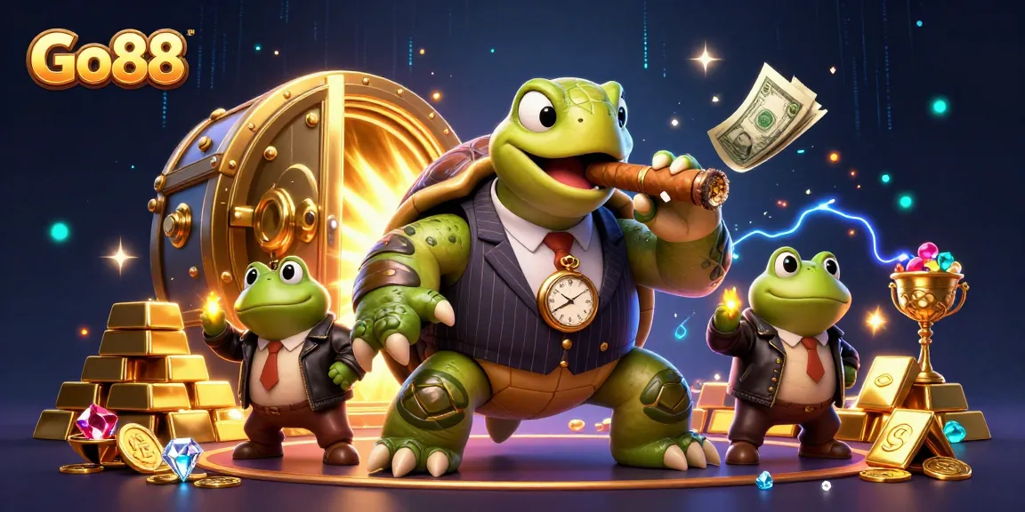 Win big at Go88's vibrant casino with a turtle mobster and frog enforcers amid treasures.
