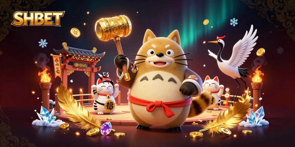 Engage with the thrilling world of SHBET featuring a cheerful tanuki and fortune cats in a festive gambling scene.