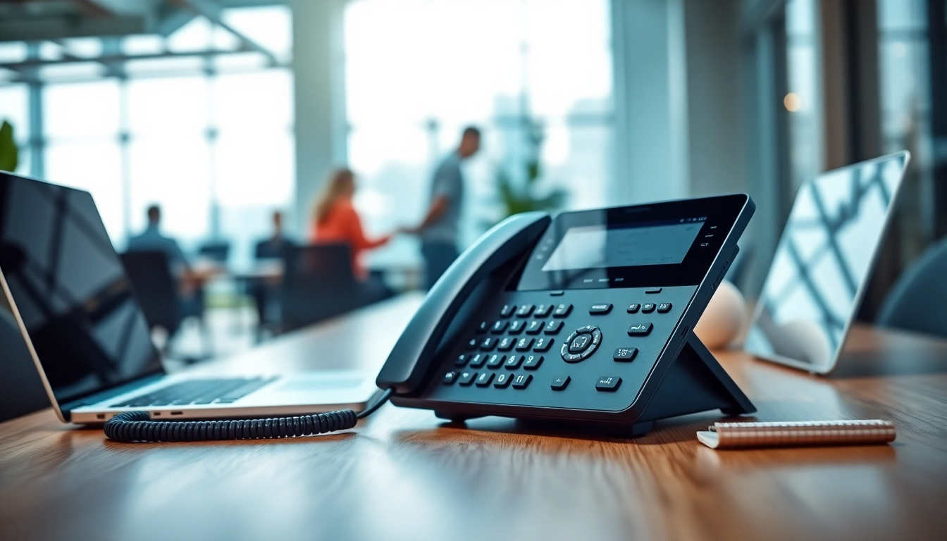 Showcasing a small business VoIP phone system in a modern office setup, highlighting its sleek design and functionality.