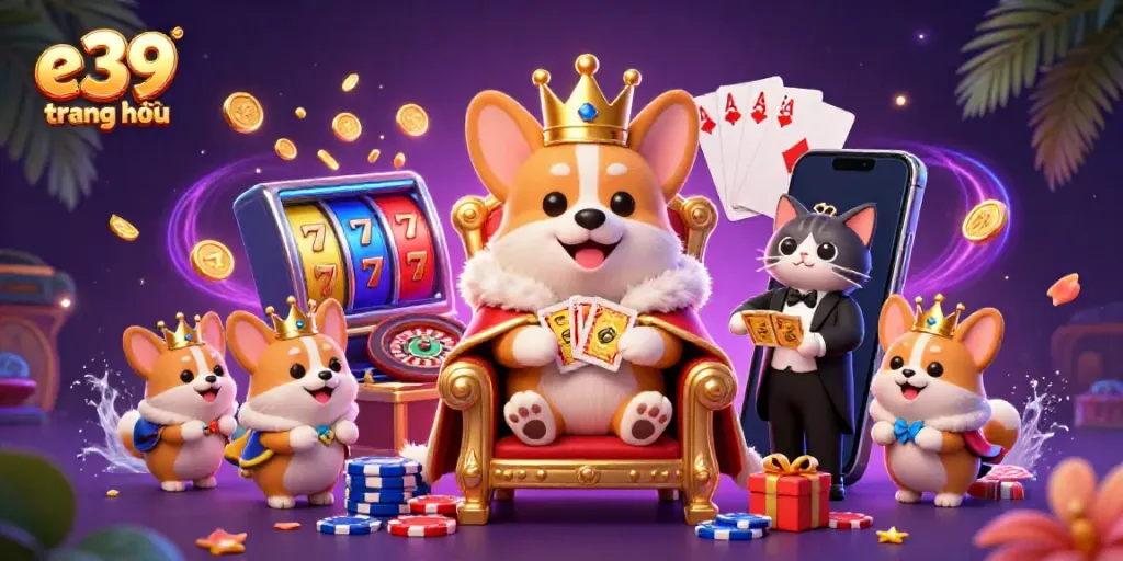 Experience the excitement of e39 trang chủ with a royal corgi on a poker chip throne in vibrant casino style.