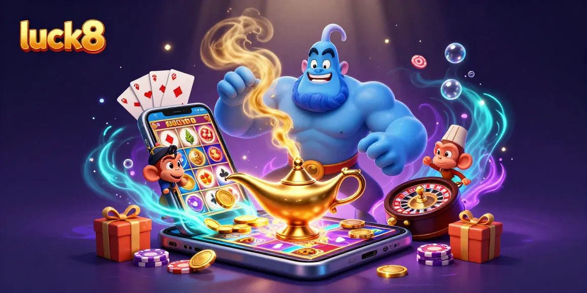 Engage with luck8's thrilling casino excitement through enchanting 3D art featuring a genie and poker chips.