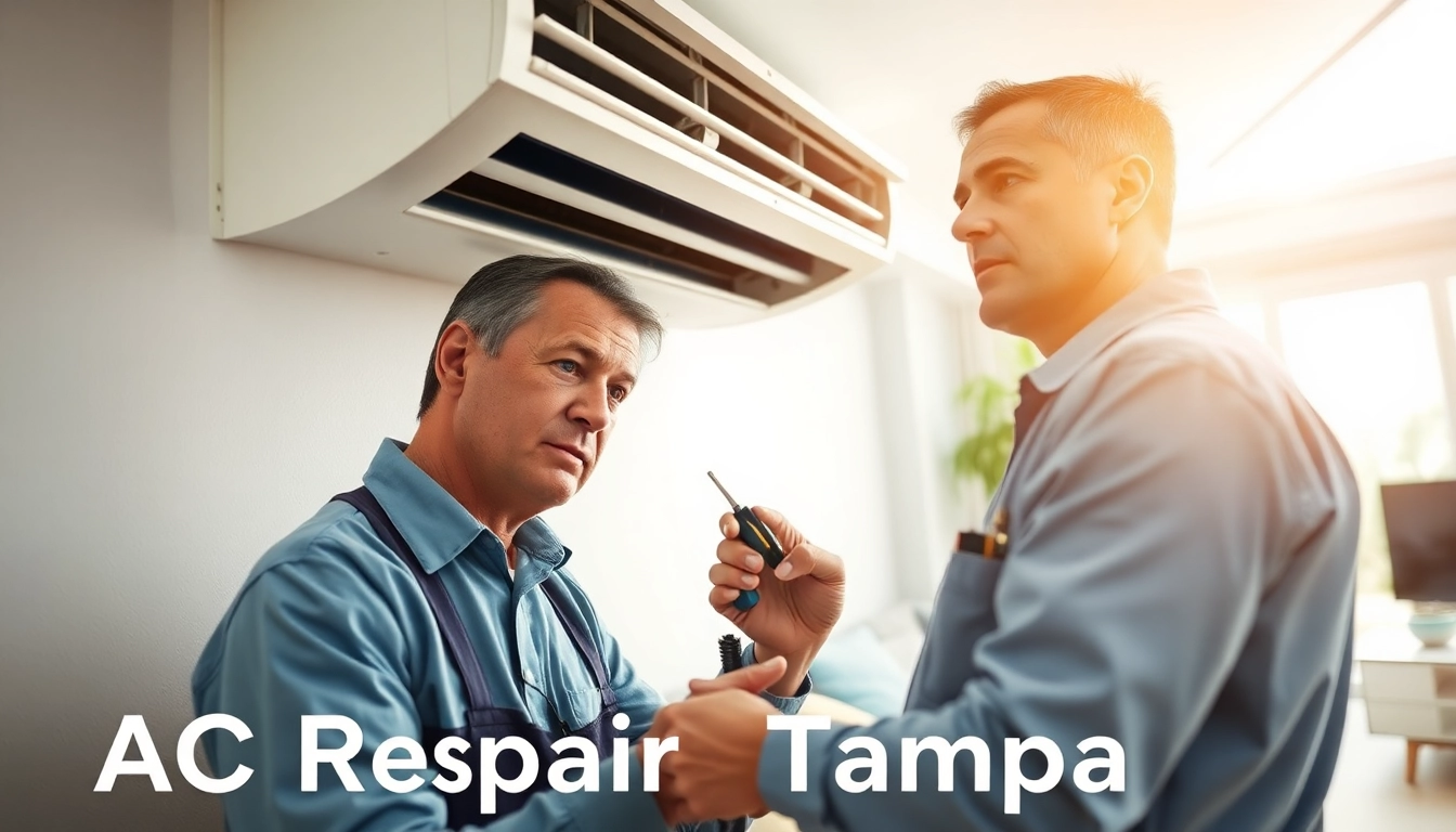 AC Repair Tampa service technician fixing an air conditioning unit in a bright living room.