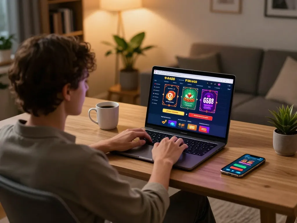 Engaging with GA88 online casino interface on a laptop in a modern home setup.