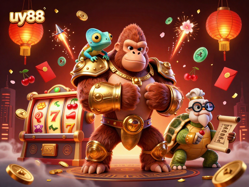 Spin the uy88 slots with a powerful gorilla king and magical casino elements in a vibrant scene.