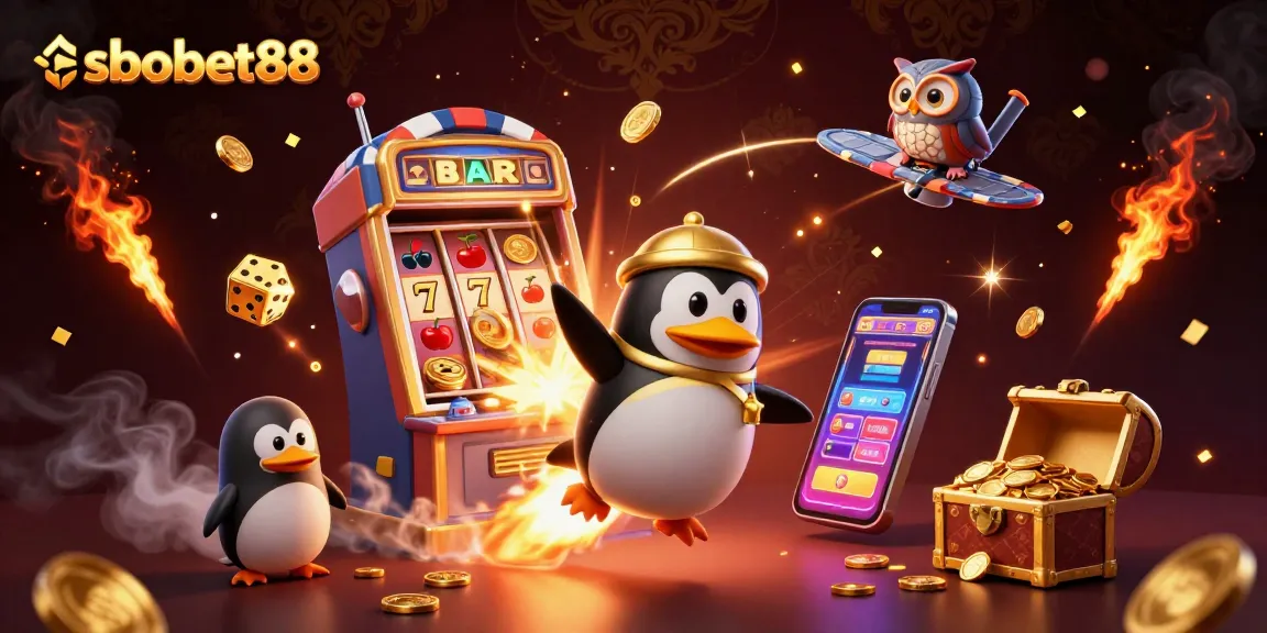 Experience sbobet88's thrilling gameplay with a dynamic casino-themed 3D illustration full of excitement.