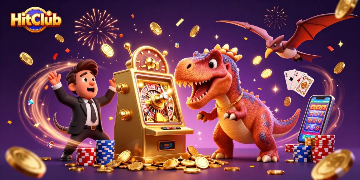HitClub Jackpot Celebration: A pachycephalosaurus wins coins from a golden slot machine.