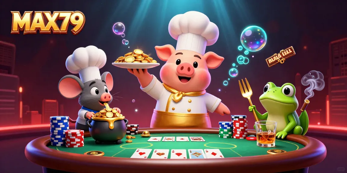 Experience the excitement at MAX79, where a pig chef serves gold coins among poker chips and vibrant gaming elements.