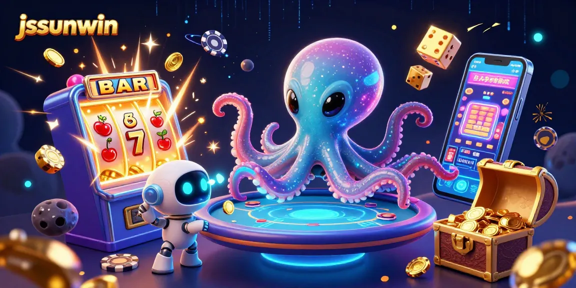 Engage with jssunwin's thrilling 3D casino universe featuring an octopus dealer and vibrant game elements.