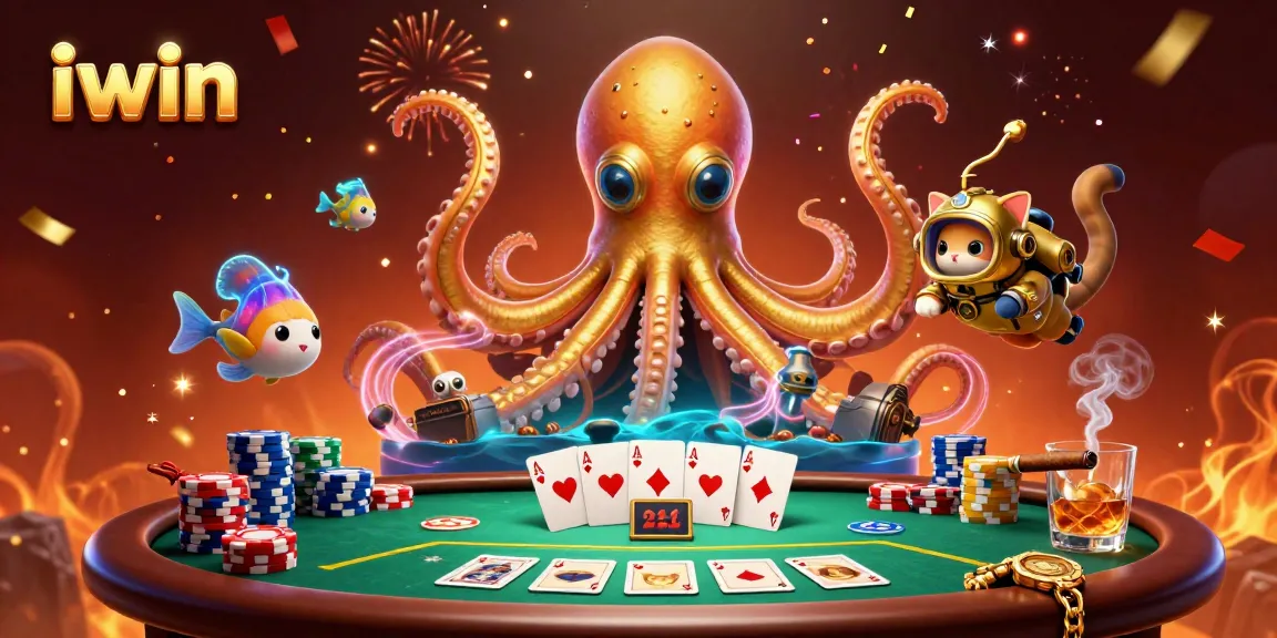 Iwin rises with a colossal kraken amidst poker chips and a dynamic casino scene.