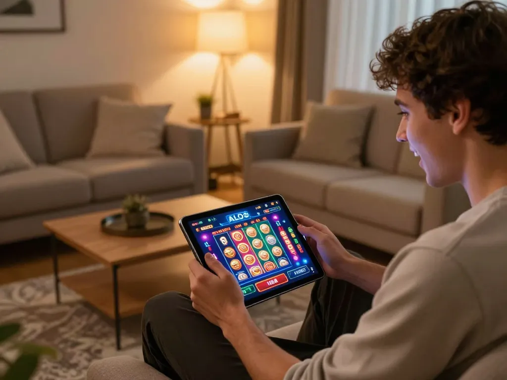 Player enjoying ALO8's online casino app at home, showcasing a tablet with vibrant gaming interface