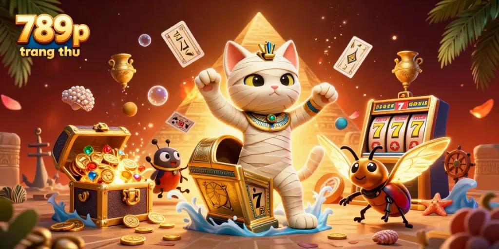 Engage with the vibrant scene of a 3D Egyptian mummy cat and scarab at 789p trang chủ casino.