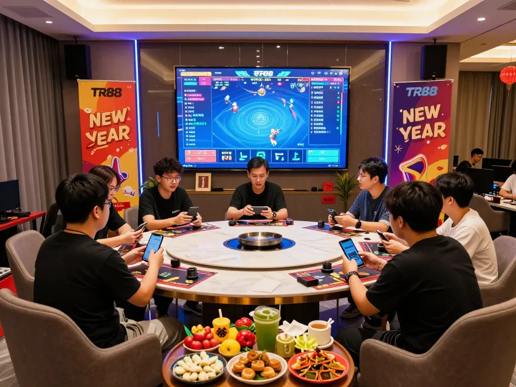 Exciting scene of players engaging with TR88's online gaming platform during New Year promotions, showcasing dynamic betting graphics and festive atmosphere.