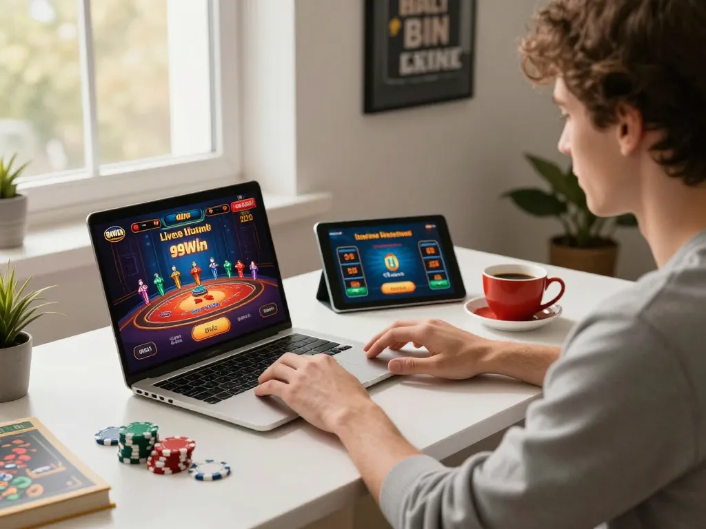 Engaging in online gameplay on 99Win, showing a vibrant home office setup.
