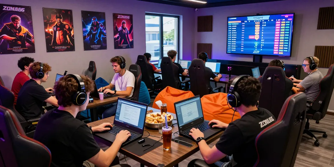 Group of friends playing ZONA66 games in a vibrant gaming lounge.