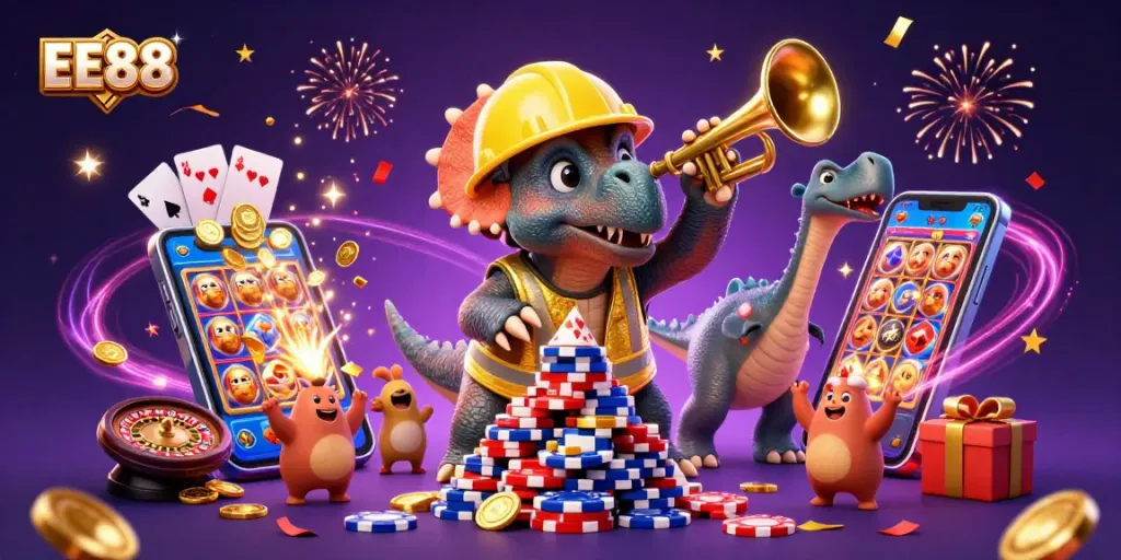 EE88 triceratops building poker chip pyramid, celebrating with casino elements and dynamic energy.
