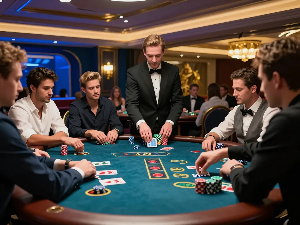 Players engaged at a blackjack table, showcasing ve88 strategies in a luxurious casino setting.