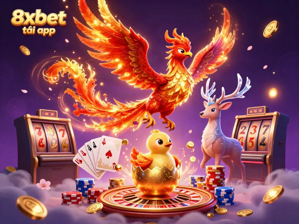 Engage with 8xbet tải app through a vibrant 3D illustration showcasing gaming excitement