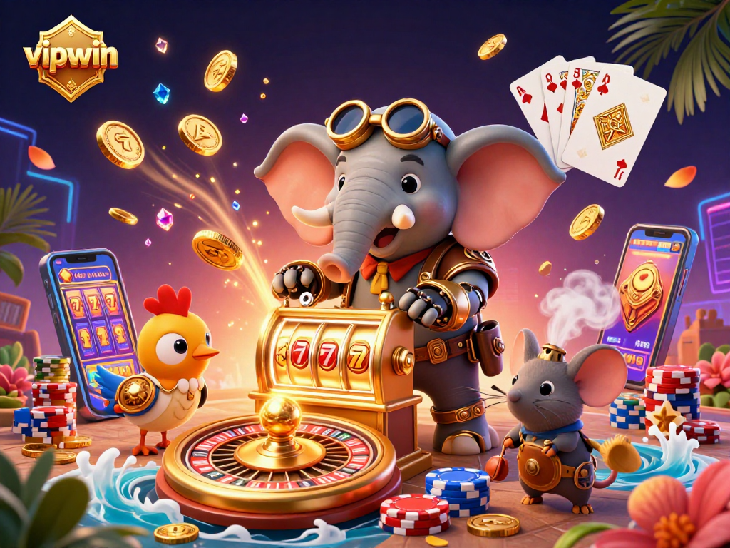 Spin the vipwin slot machine with a steampunk elephant engineer amidst cascading coins and vibrant casino elements.