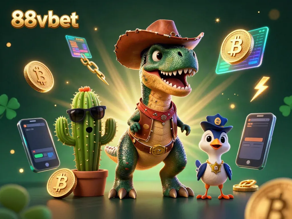 Experience thrilling action with 88vbet's vibrant casino-inspired 3D illustration featuring a cowboy T-Rex.