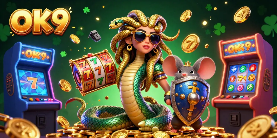 Engage with OK9 for thrilling casino action featuring vibrant slots and a playful Medusa.