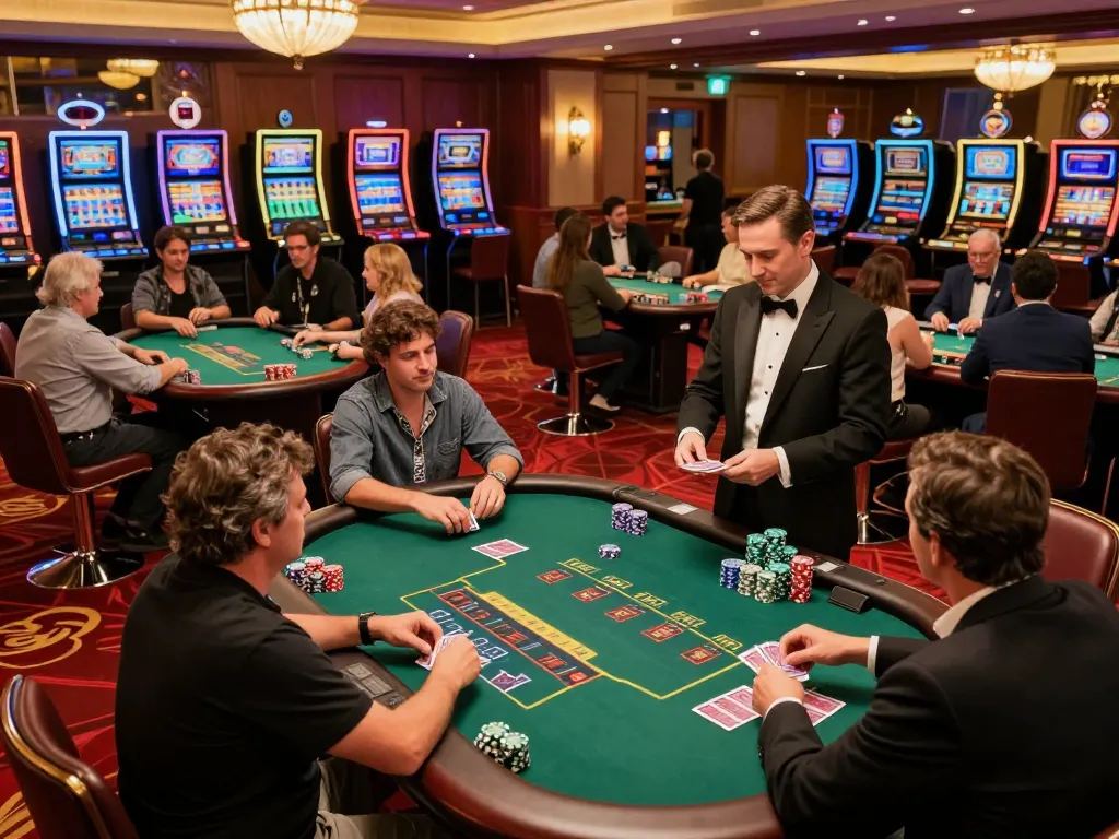 Engaged players experiencing the thrill of blackjack at 7mcn casino floor with lively atmosphere